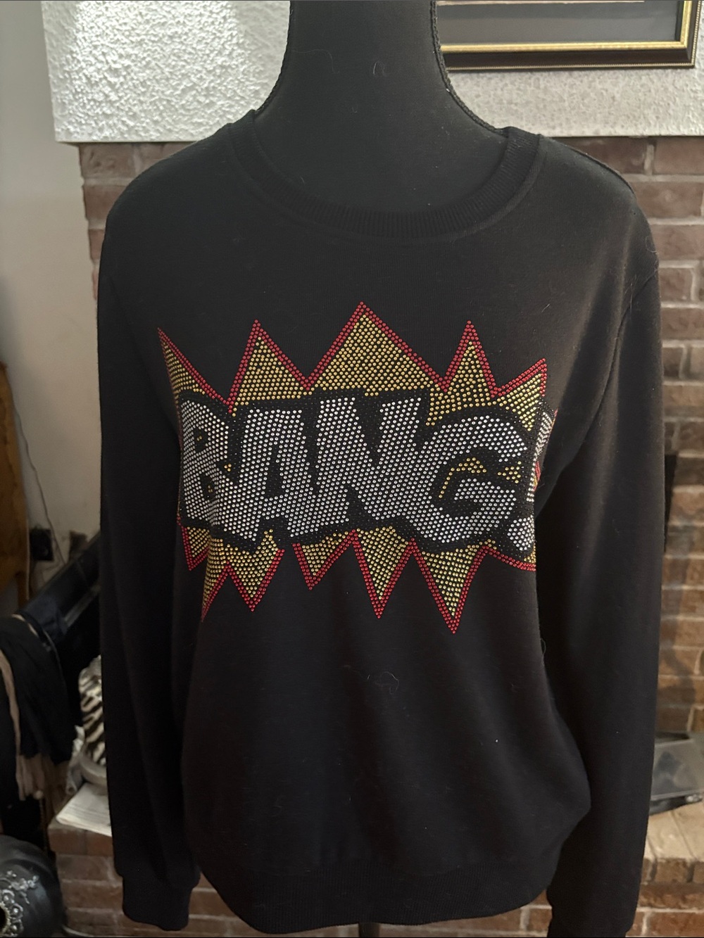 Forever 21 Black Crewneck Sweater with Rhinestone "BANG" Graphic